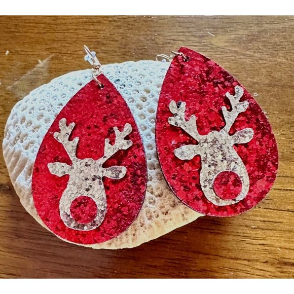 Rudolph Reindeer Earrings Christmas Handmade Whimsical Hooks Glitter Acc… - Picture 8 of 11